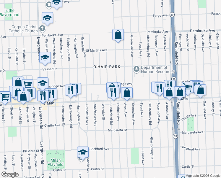 map of restaurants, bars, coffee shops, grocery stores, and more near 19144 Sunderland Road in Detroit