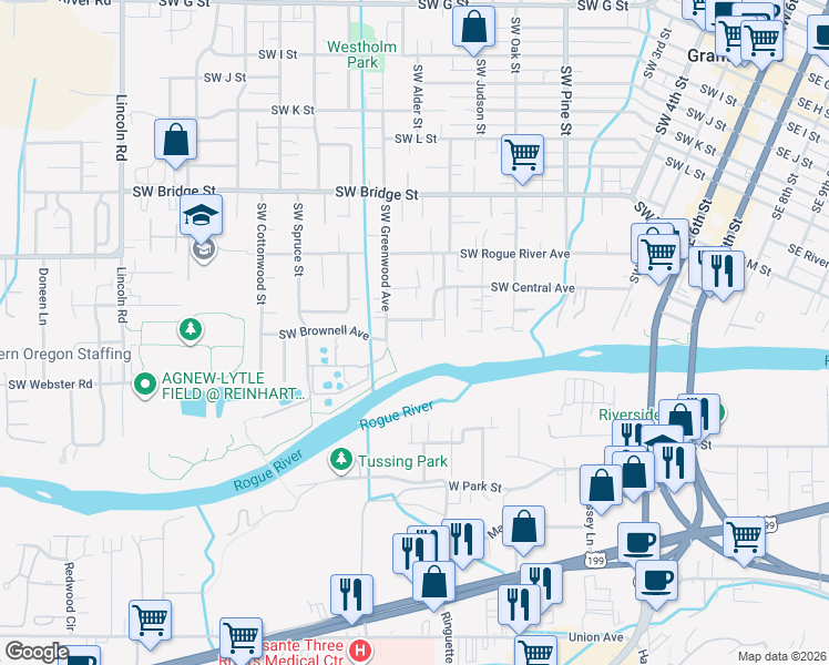 map of restaurants, bars, coffee shops, grocery stores, and more near 1240 Southwest Viola Drive in Grants Pass