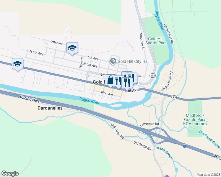 map of restaurants, bars, coffee shops, grocery stores, and more near 420 First Avenue in Central Point