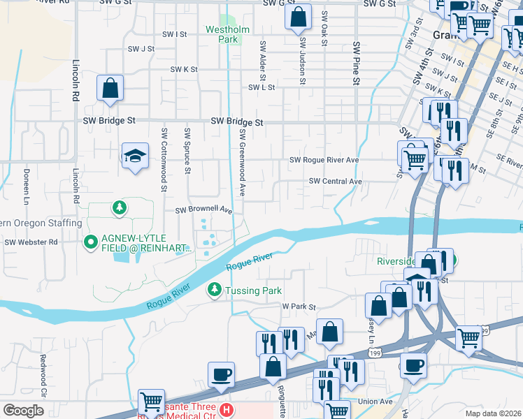 map of restaurants, bars, coffee shops, grocery stores, and more near 1240 Southwest Viola Drive in Grants Pass