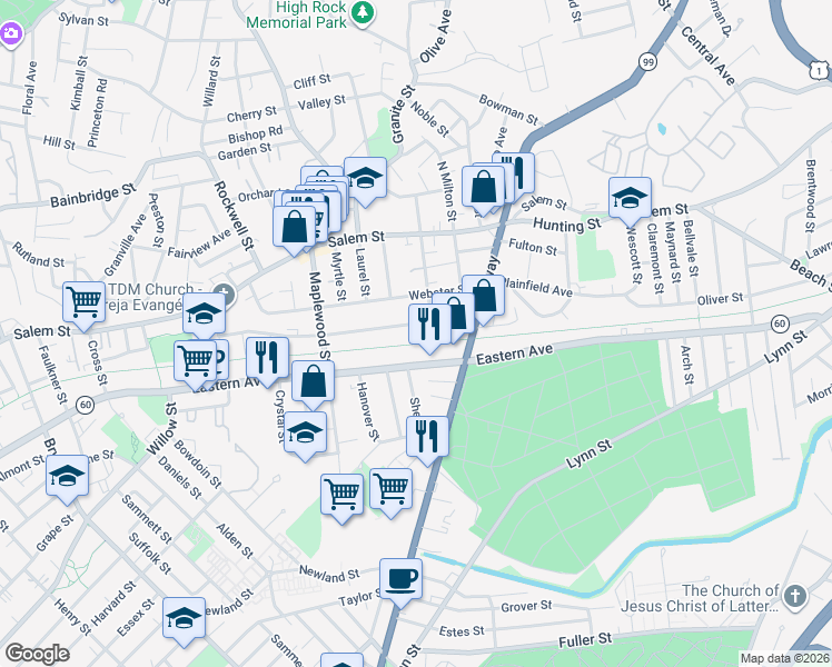 map of restaurants, bars, coffee shops, grocery stores, and more near 1012 Eastern Avenue in Malden