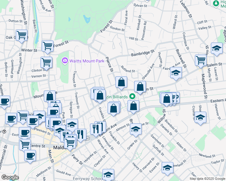 map of restaurants, bars, coffee shops, grocery stores, and more near 230 Salem Street in Malden