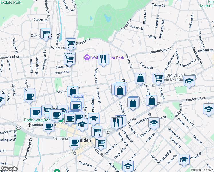 map of restaurants, bars, coffee shops, grocery stores, and more near 27-29 Page Street in Malden