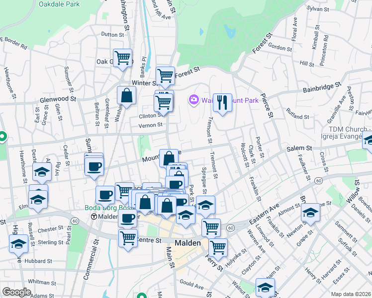 map of restaurants, bars, coffee shops, grocery stores, and more near 12 Concord Street in Malden
