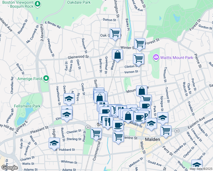map of restaurants, bars, coffee shops, grocery stores, and more near 25 Lincoln Street in Malden