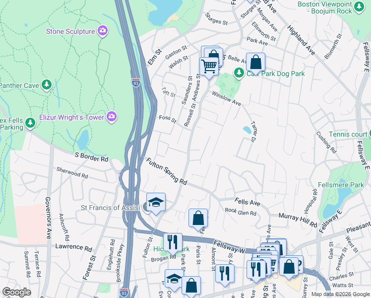 map of restaurants, bars, coffee shops, grocery stores, and more near 278 Fulton Street in Medford