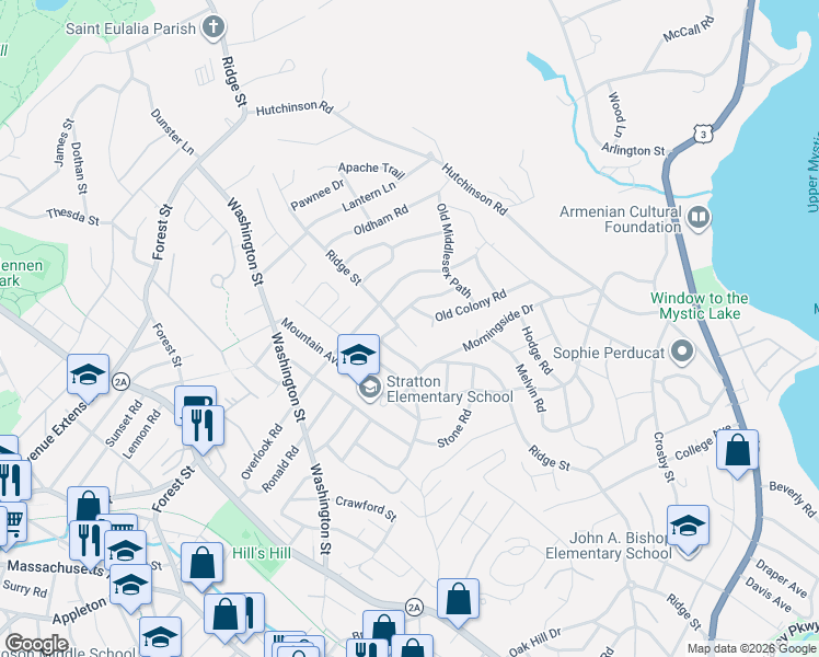 map of restaurants, bars, coffee shops, grocery stores, and more near 314 Ridge Street in Arlington
