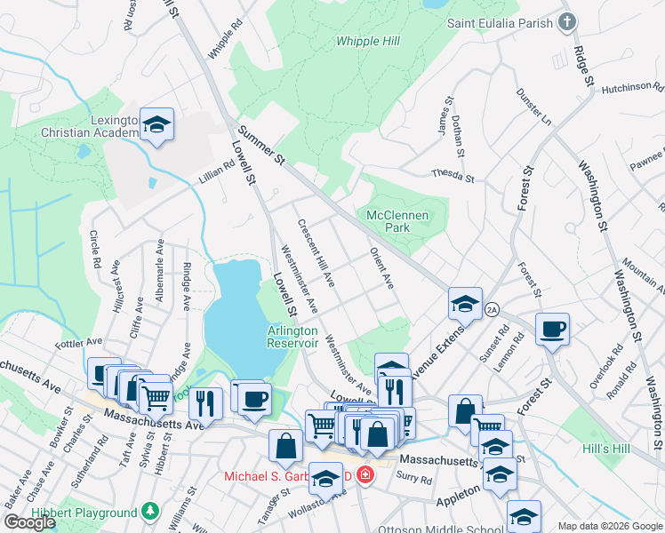 map of restaurants, bars, coffee shops, grocery stores, and more near 15 Montague Street in Arlington