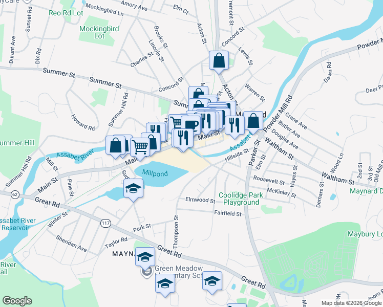 map of restaurants, bars, coffee shops, grocery stores, and more near 12 Walnut Street in Maynard