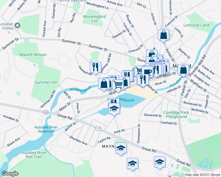 map of restaurants, bars, coffee shops, grocery stores, and more near 179 Main Street in Maynard