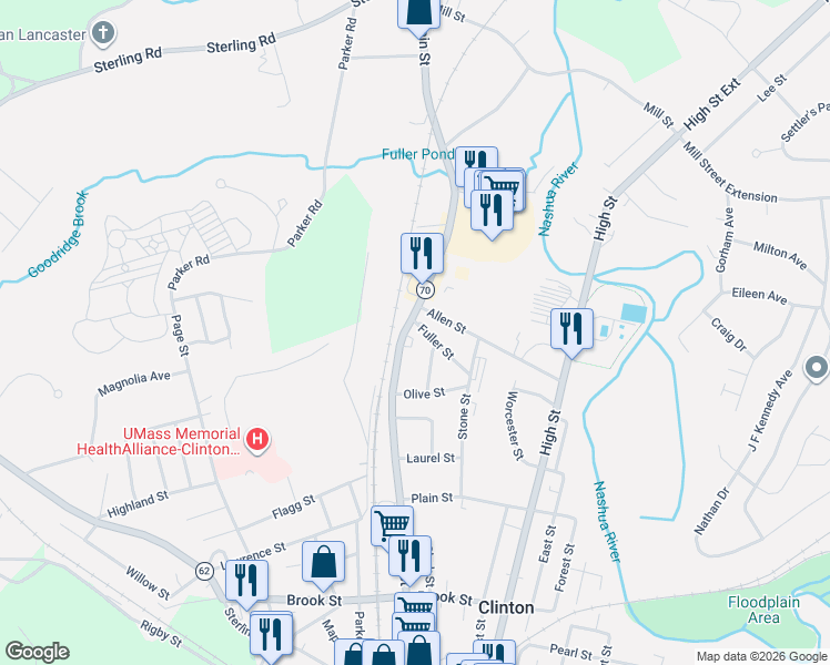 map of restaurants, bars, coffee shops, grocery stores, and more near 10 Martin Street in Clinton