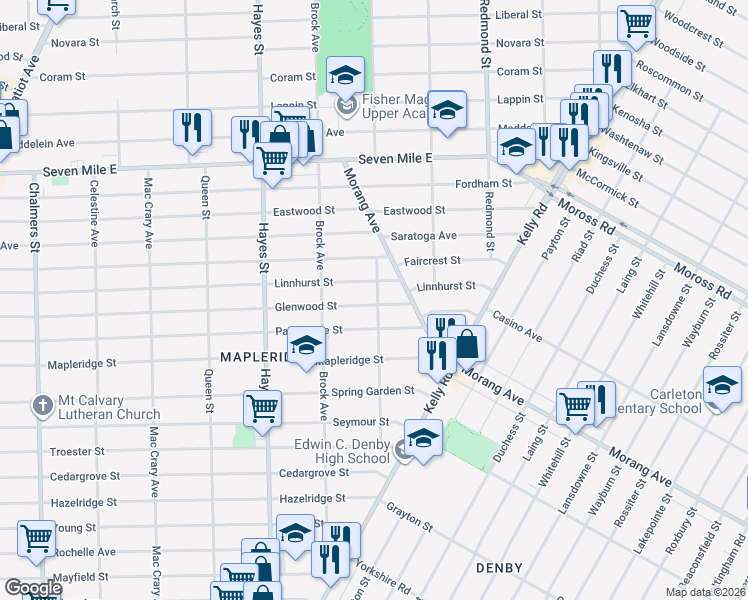 map of restaurants, bars, coffee shops, grocery stores, and more near 15515 Park Grove Street in Detroit
