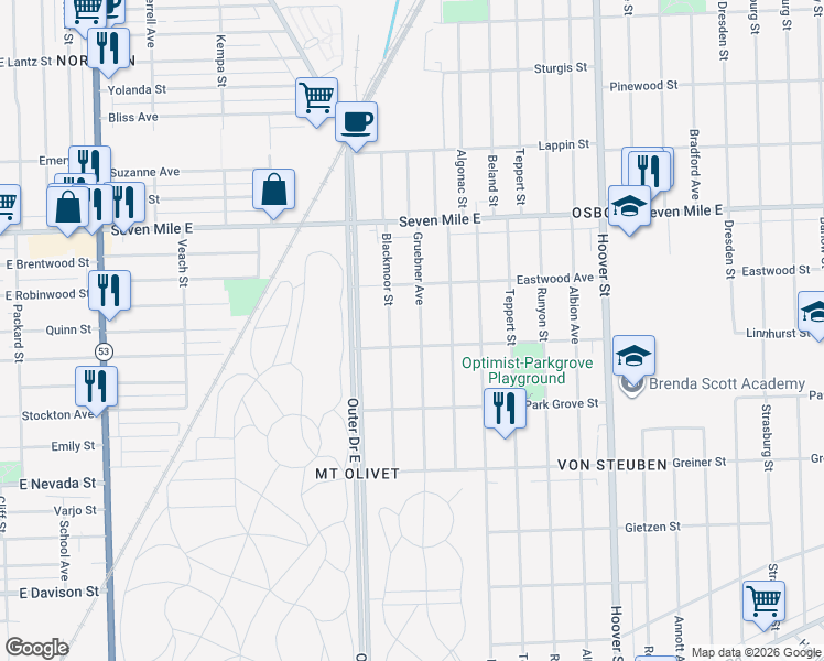 map of restaurants, bars, coffee shops, grocery stores, and more near 18514 Gruebner Avenue in Detroit