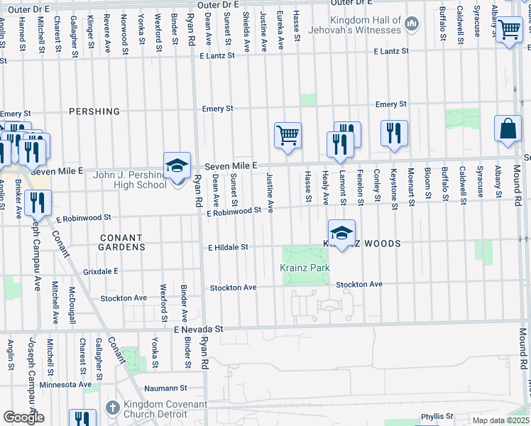 map of restaurants, bars, coffee shops, grocery stores, and more near 18656 Shields Street in Detroit