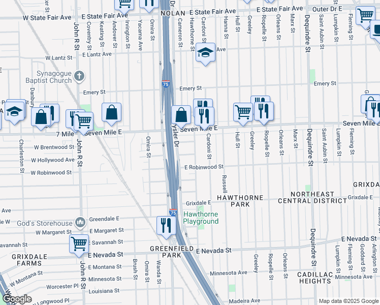 map of restaurants, bars, coffee shops, grocery stores, and more near 999 East Robinwood Street in Highland Park