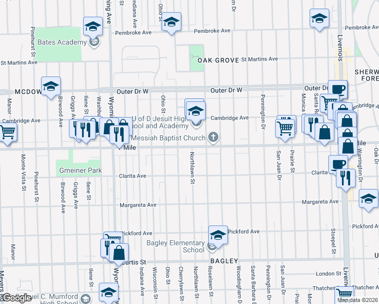 map of restaurants, bars, coffee shops, grocery stores, and more near 18954 Northlawn Street in Detroit