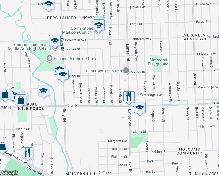 map of restaurants, bars, coffee shops, grocery stores, and more near 19190 Houghton Street in Detroit