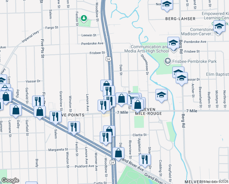 map of restaurants, bars, coffee shops, grocery stores, and more near 19248 Telegraph Road in Detroit