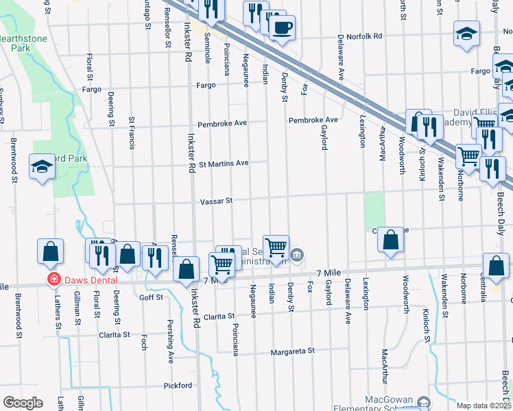 map of restaurants, bars, coffee shops, grocery stores, and more near 19355 Negaunee in Redford Charter Township