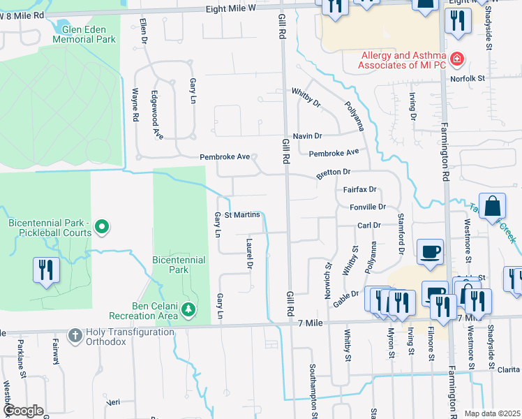 map of restaurants, bars, coffee shops, grocery stores, and more near 34608 Saint Martins Street in Livonia