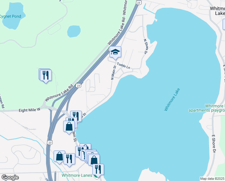 map of restaurants, bars, coffee shops, grocery stores, and more near 11859 North Main Street in Whitmore Lake