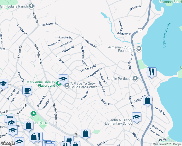 map of restaurants, bars, coffee shops, grocery stores, and more near 59 Morningside Drive in Arlington