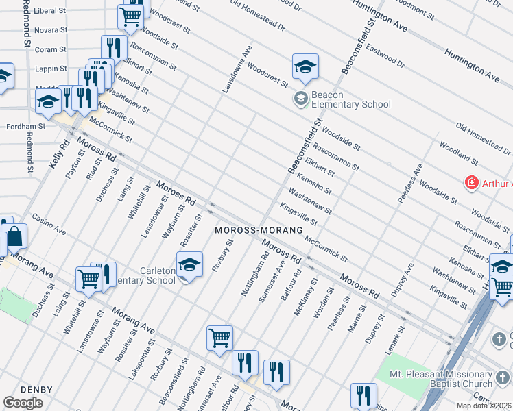 map of restaurants, bars, coffee shops, grocery stores, and more near 19443 McCormick Street in Detroit