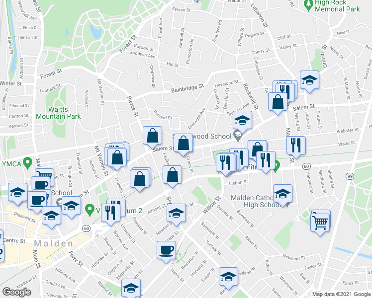 map of restaurants, bars, coffee shops, grocery stores, and more near Salem St & Cross St in Malden