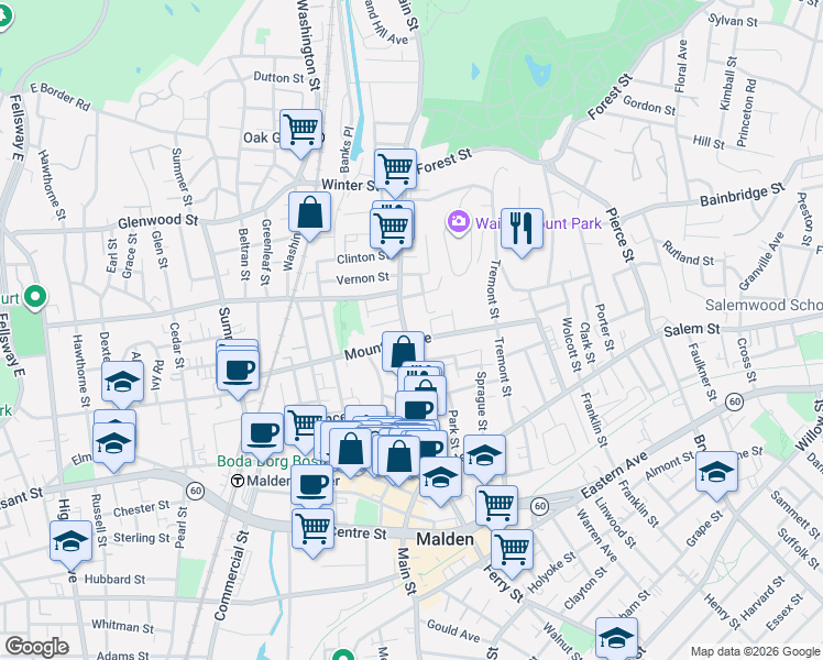 map of restaurants, bars, coffee shops, grocery stores, and more near 12 Concord Street in Malden