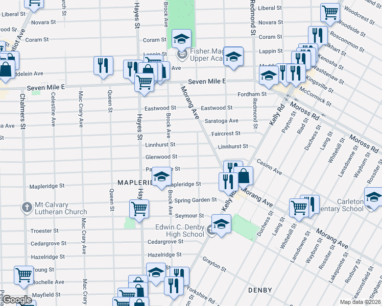 map of restaurants, bars, coffee shops, grocery stores, and more near 15515 Park Grove Street in Detroit