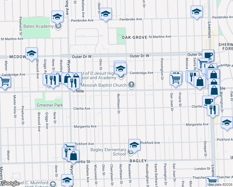 map of restaurants, bars, coffee shops, grocery stores, and more near 18954 Northlawn Street in Detroit