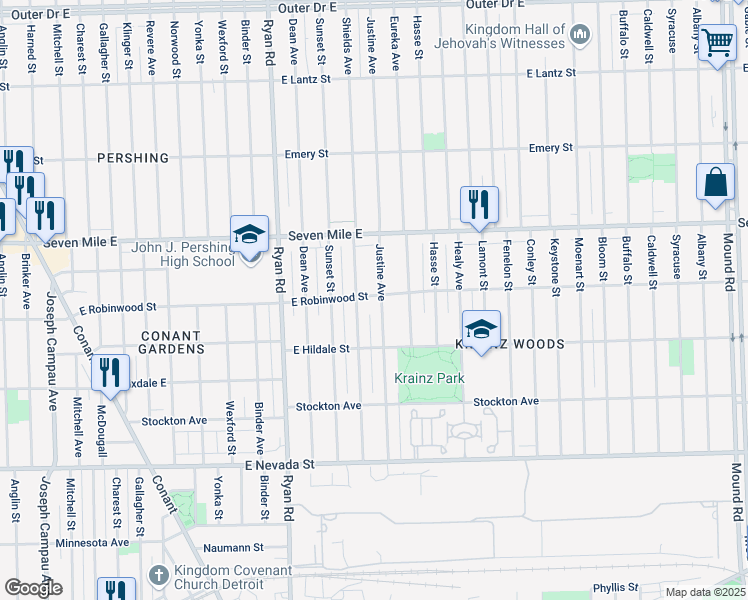 map of restaurants, bars, coffee shops, grocery stores, and more near 18656 Shields Street in Detroit