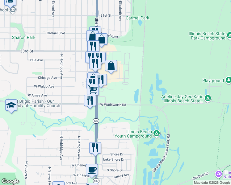 map of restaurants, bars, coffee shops, grocery stores, and more near 3451 Sheridan Road in Zion