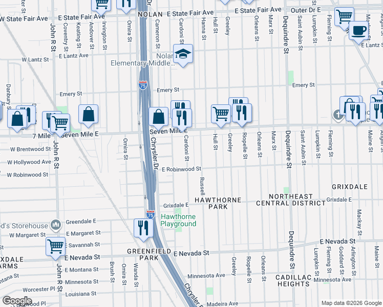 map of restaurants, bars, coffee shops, grocery stores, and more near 18810 Cardoni Street in Highland Park