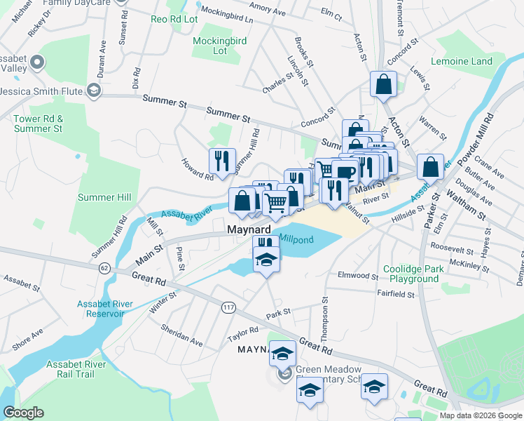 map of restaurants, bars, coffee shops, grocery stores, and more near 179 Main Street in Maynard