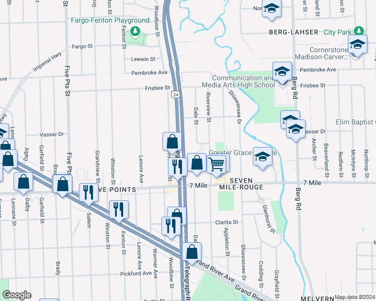 map of restaurants, bars, coffee shops, grocery stores, and more near 19248 Telegraph Road in Detroit