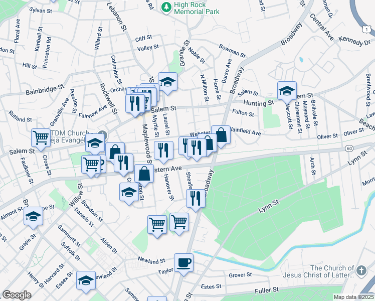 map of restaurants, bars, coffee shops, grocery stores, and more near 79 Waite Street in Malden