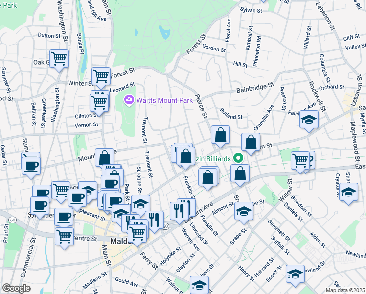 map of restaurants, bars, coffee shops, grocery stores, and more near 23-25 Wolcott Street in Malden