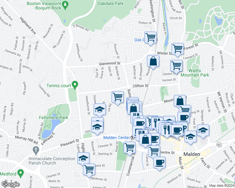 map of restaurants, bars, coffee shops, grocery stores, and more near 32 Rockland Avenue in Malden