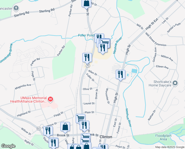 map of restaurants, bars, coffee shops, grocery stores, and more near 10 Martin Street in Clinton