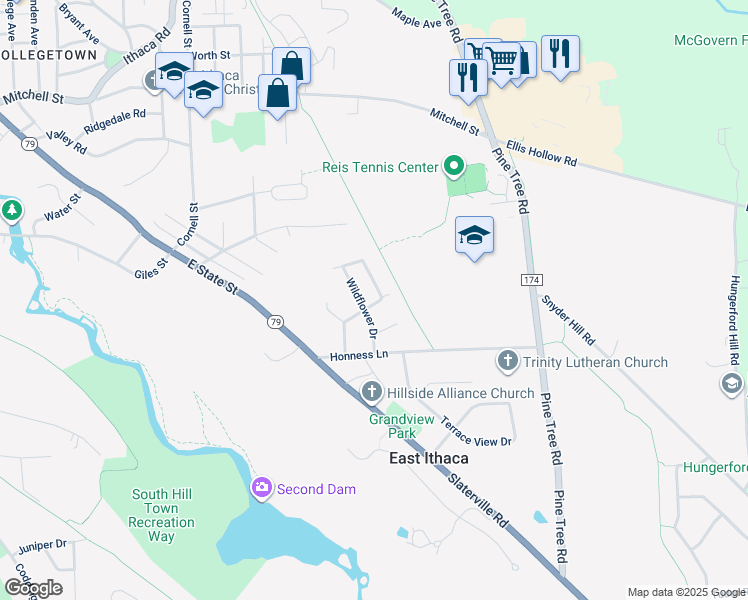 map of restaurants, bars, coffee shops, grocery stores, and more near 111 Strawberry Hill Circle in Ithaca