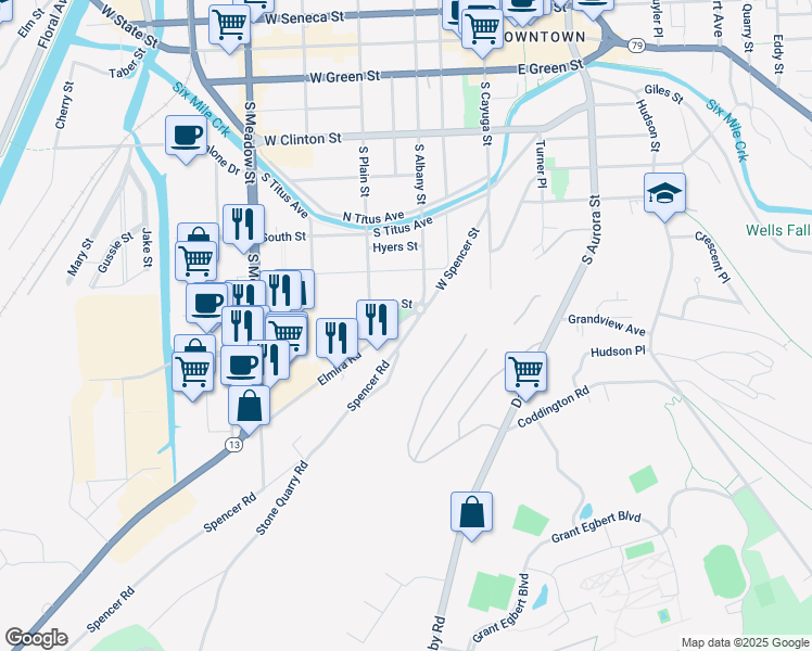 map of restaurants, bars, coffee shops, grocery stores, and more near 308-316 W Spencer St in Ithaca