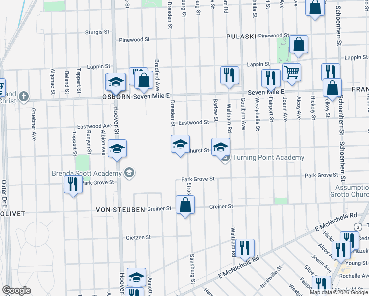 map of restaurants, bars, coffee shops, grocery stores, and more near 18600 Strasburg Street in Detroit