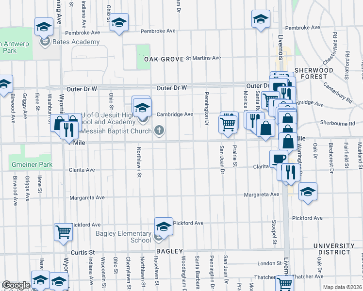 map of restaurants, bars, coffee shops, grocery stores, and more near 18959 Woodingham Drive in Detroit