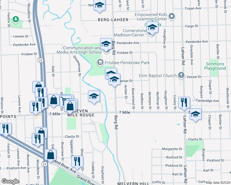 map of restaurants, bars, coffee shops, grocery stores, and more near 19173 Berg Road in Detroit