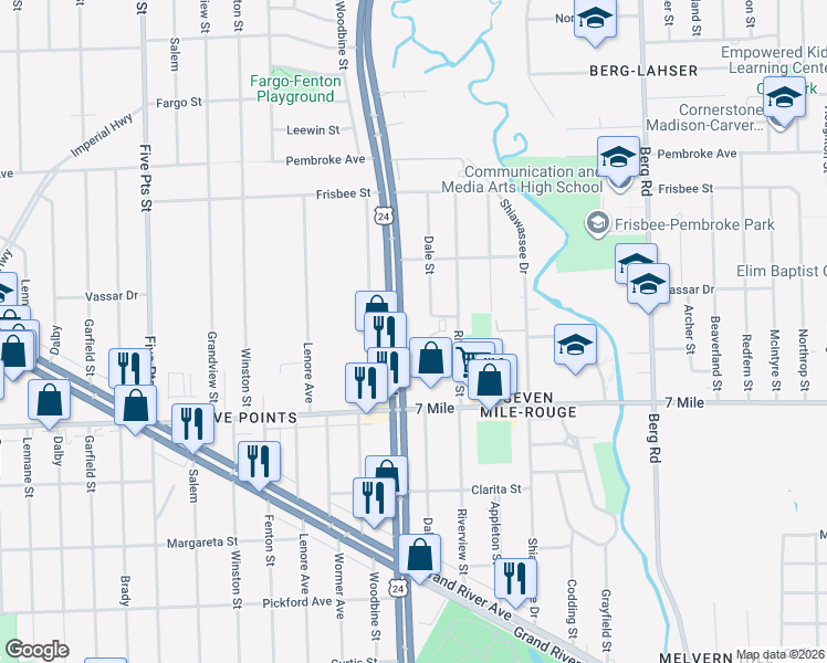 map of restaurants, bars, coffee shops, grocery stores, and more near 19248 Telegraph Road in Detroit