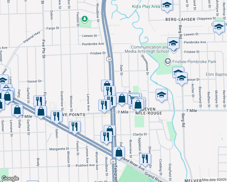 map of restaurants, bars, coffee shops, grocery stores, and more near 19248 Telegraph Road in Detroit