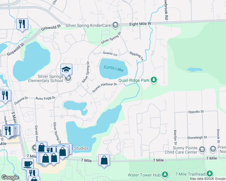 map of restaurants, bars, coffee shops, grocery stores, and more near 41291 Lehigh Lane in Northville
