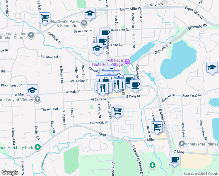 map of restaurants, bars, coffee shops, grocery stores, and more near 132 Mary Alexander Court in Northville