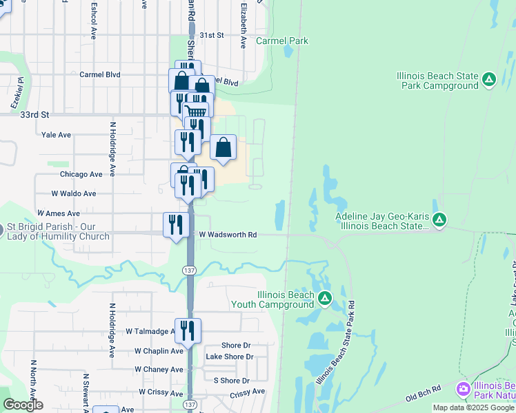map of restaurants, bars, coffee shops, grocery stores, and more near 39197 North Sheridan Road in Beach Park